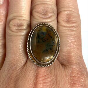 VTG Sterling Silver 925 Hand Signed ED 80 Oval Dendritic Agate Ring Sz 7.5 - 8
